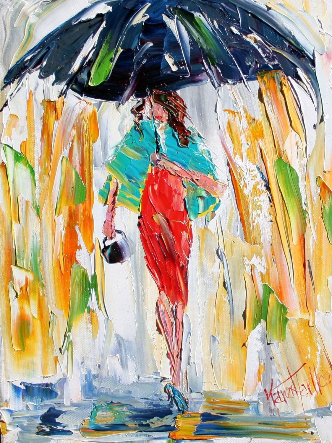 Tarlton Original Oil Painting Rain and Red Dress