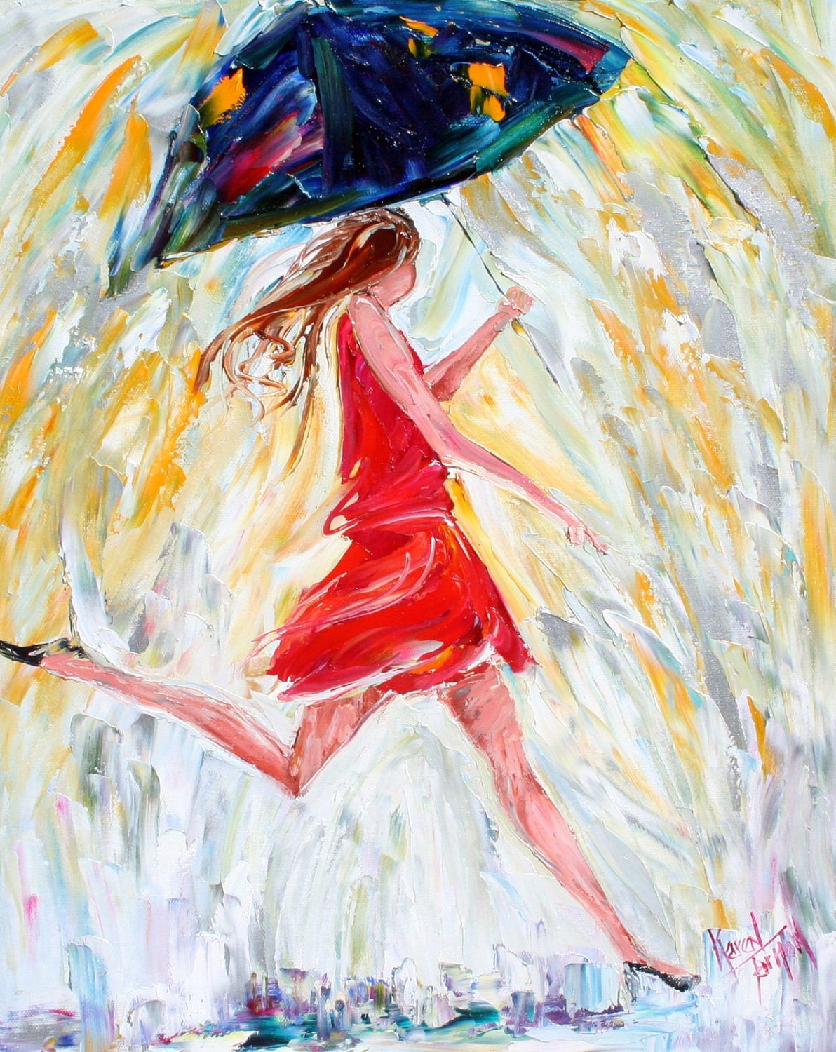 Karen Tarlton Original oil painting Rain Dance - impressionistic whimsical palette knife art