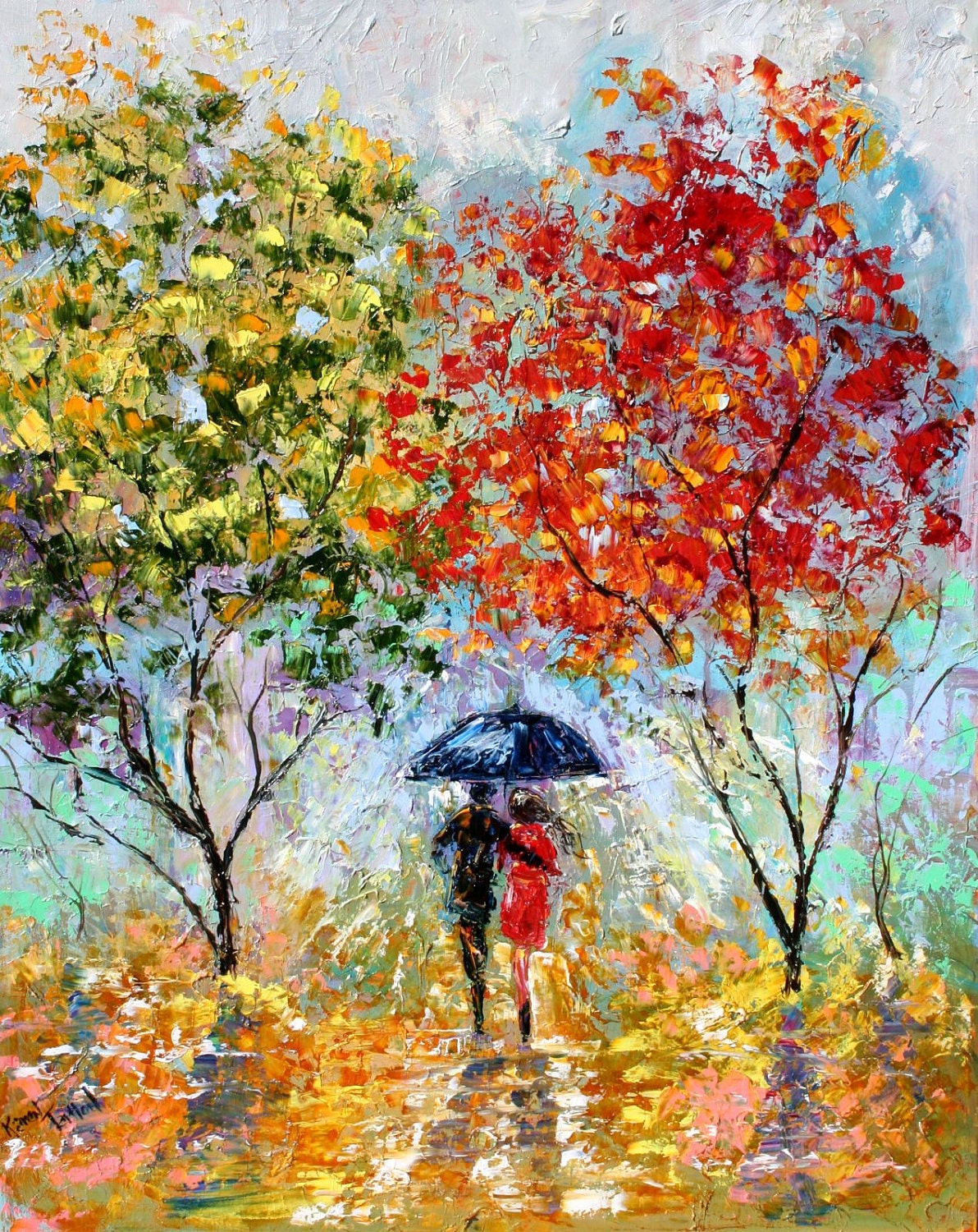 Original oil painting Fall Rain Romance Landscape - impressionism impasto fine art by Karen Tarlton