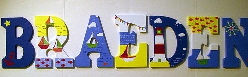 Nursery room Personalized Name Wall letters Nautical Pottery Barn Sailboat Painting