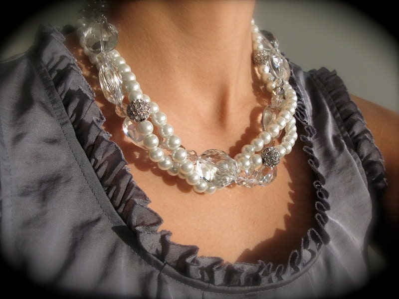 White Pearl Crystal and Rhinestone Necklace
