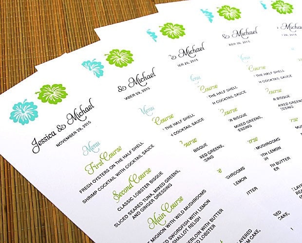 Wedding Menu Card, Social Event Menu Card, Corporate Event Menu Card, Party Menu - Luau with Aqua & Green Hibiscus Flower (Custom Colors)