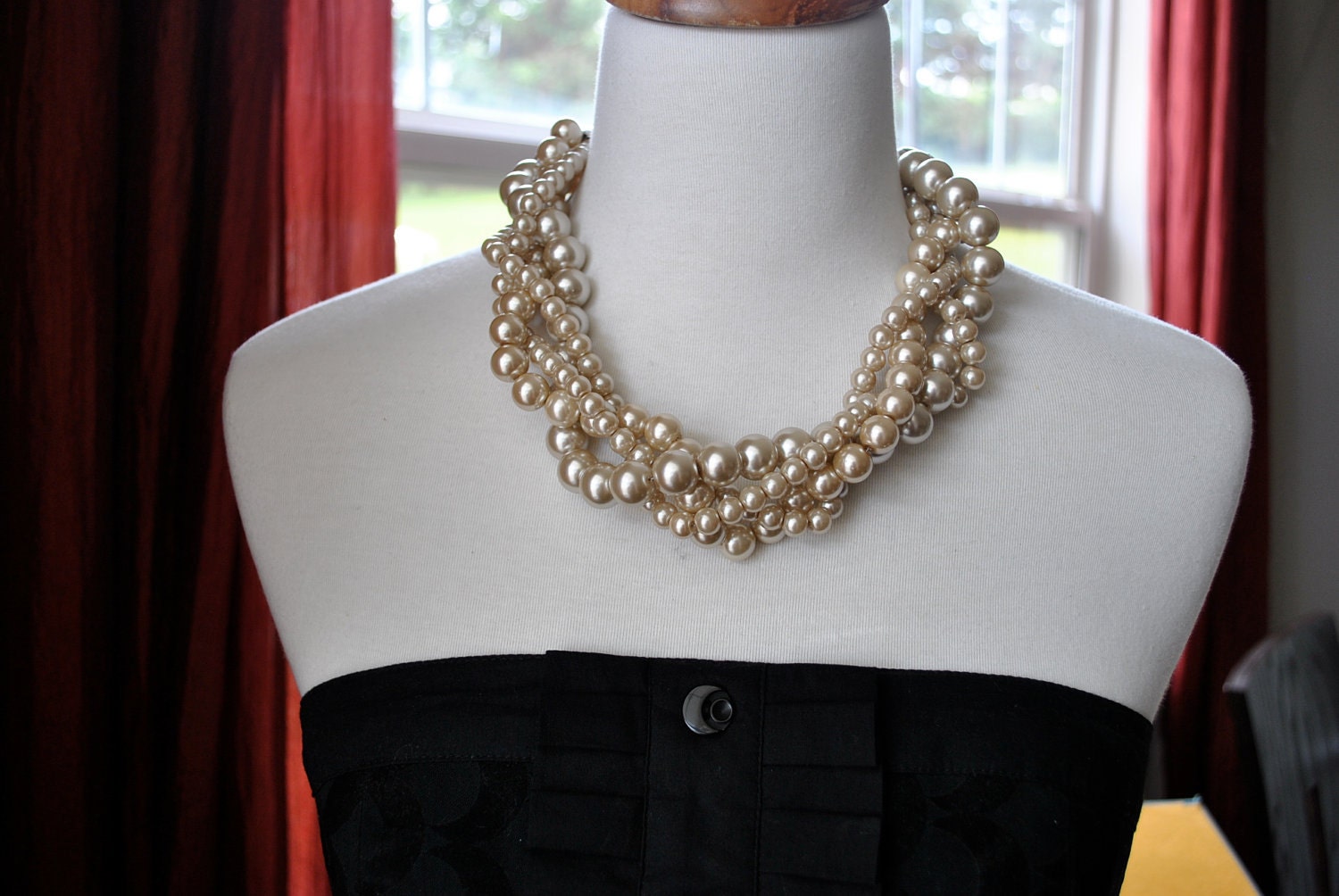 Champagne Chunky Pearl-4 Strand- Twisted Statement Necklace