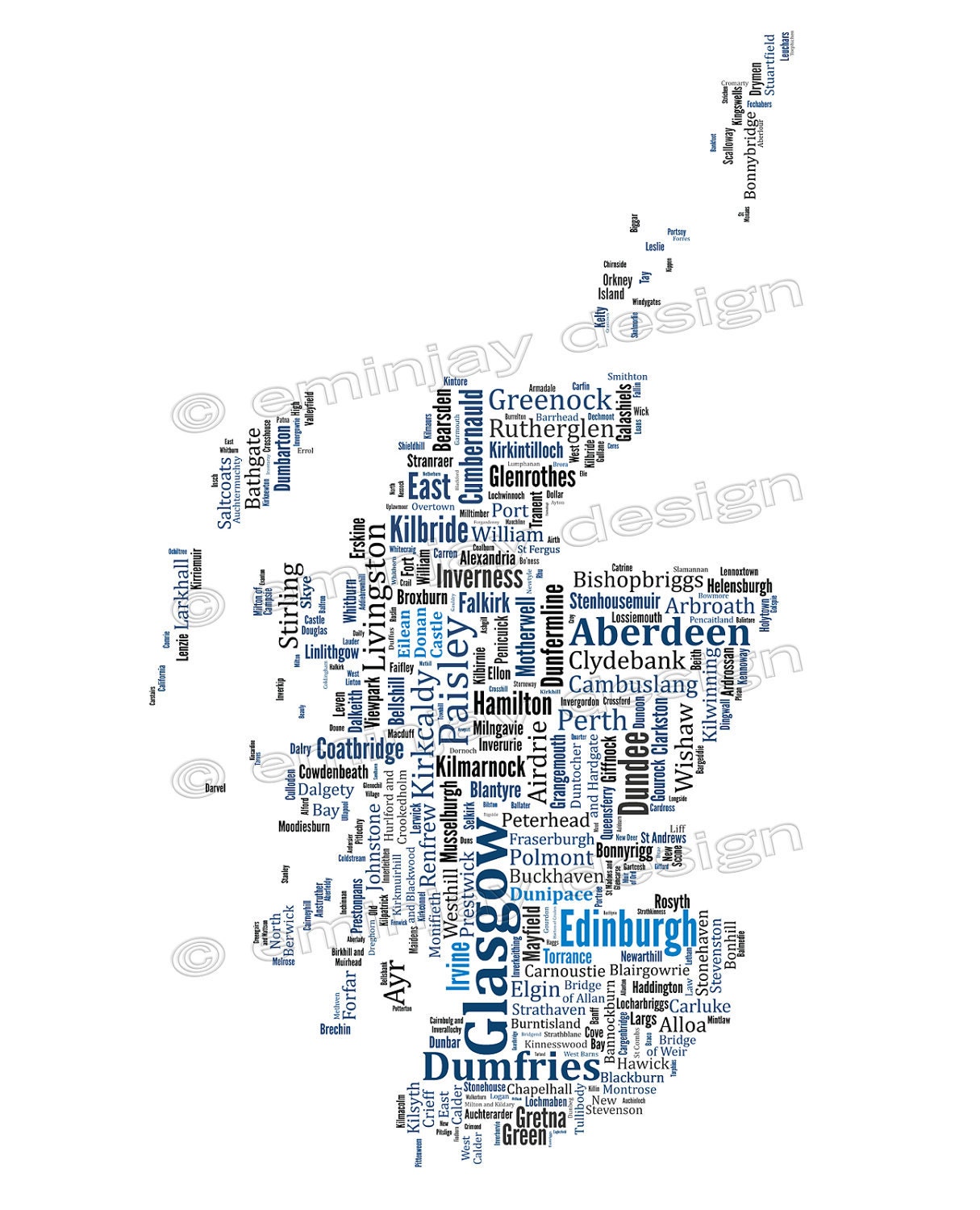 Scotland Typography Map Art Print - 13 x 19" // additional sizes available