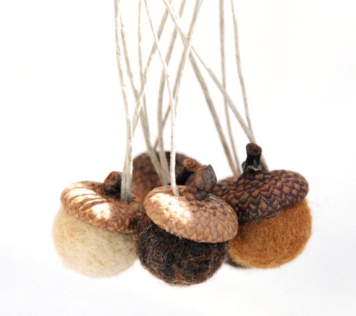 6 Wool Felted Acorn Ornaments, Brown, Latte, Coffee, Needle Felted