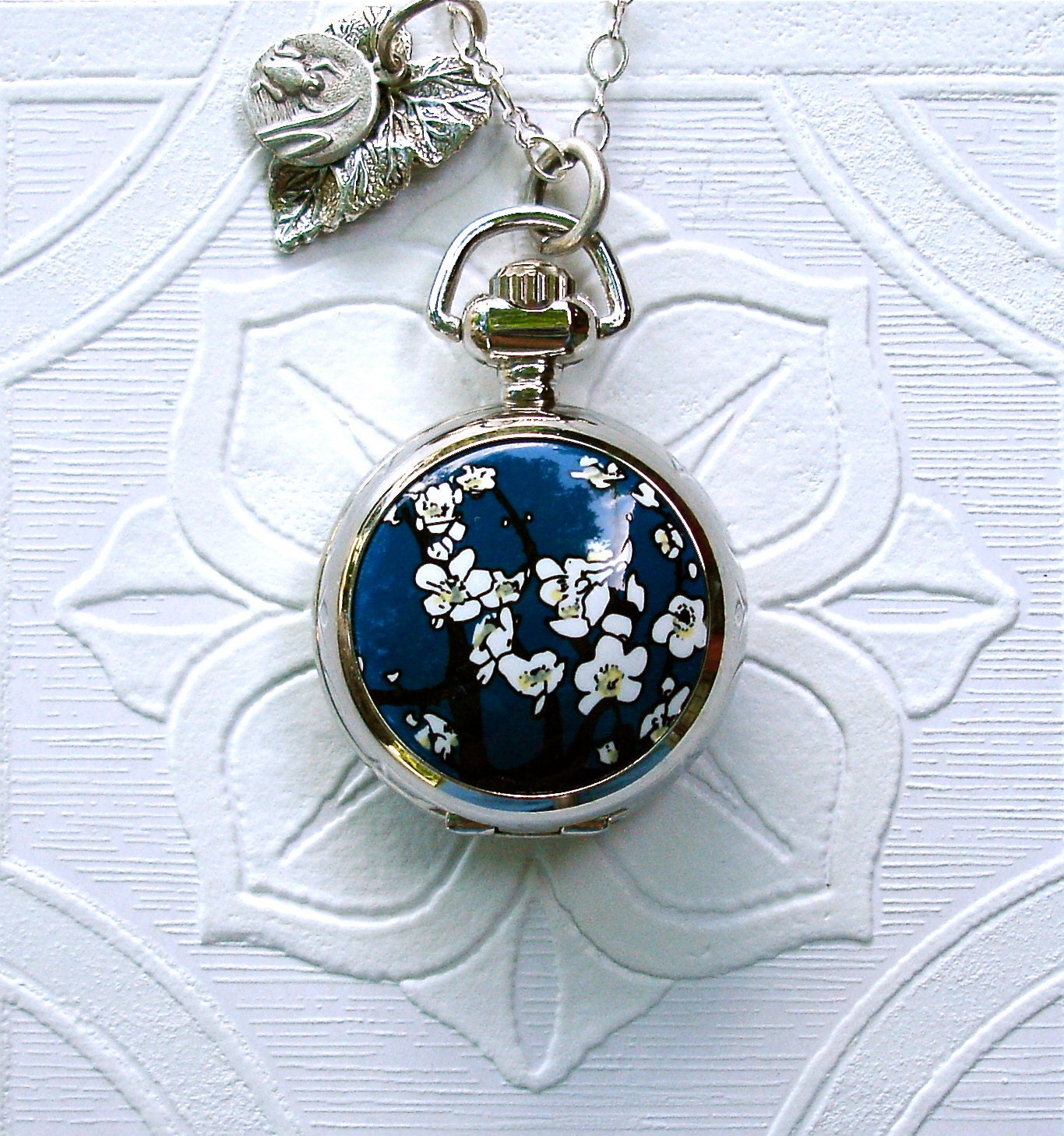 Sapphire Blue Cherry Blossom Silver Watch Locket Pendant Necklace & Crystal Earring Set