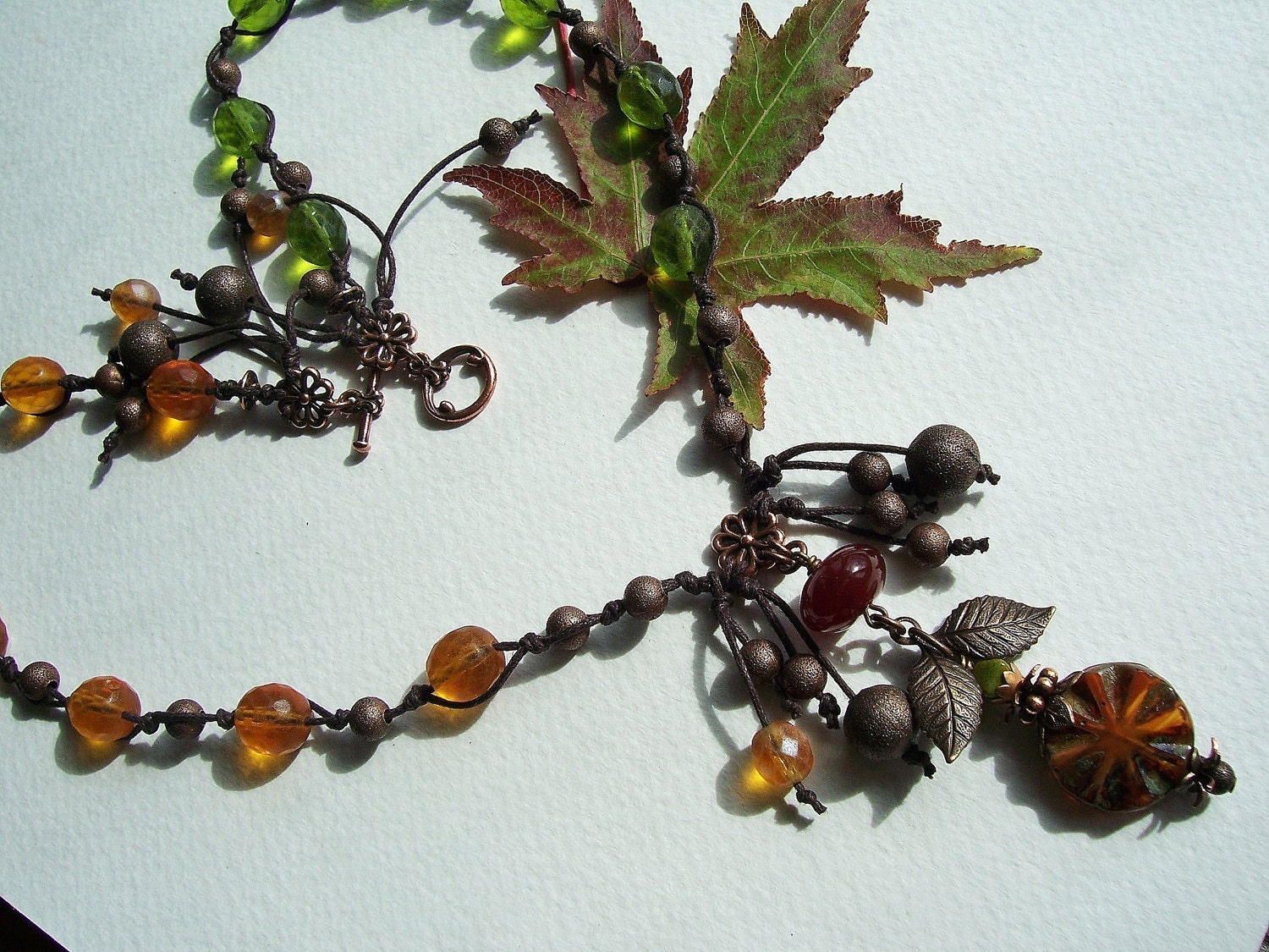 Necklace Vintage Style Flower Pendant Knotted 53cm/ 20.5 inch Antique Copper Plated Brass with Czech Glass Beads Autumn Palette