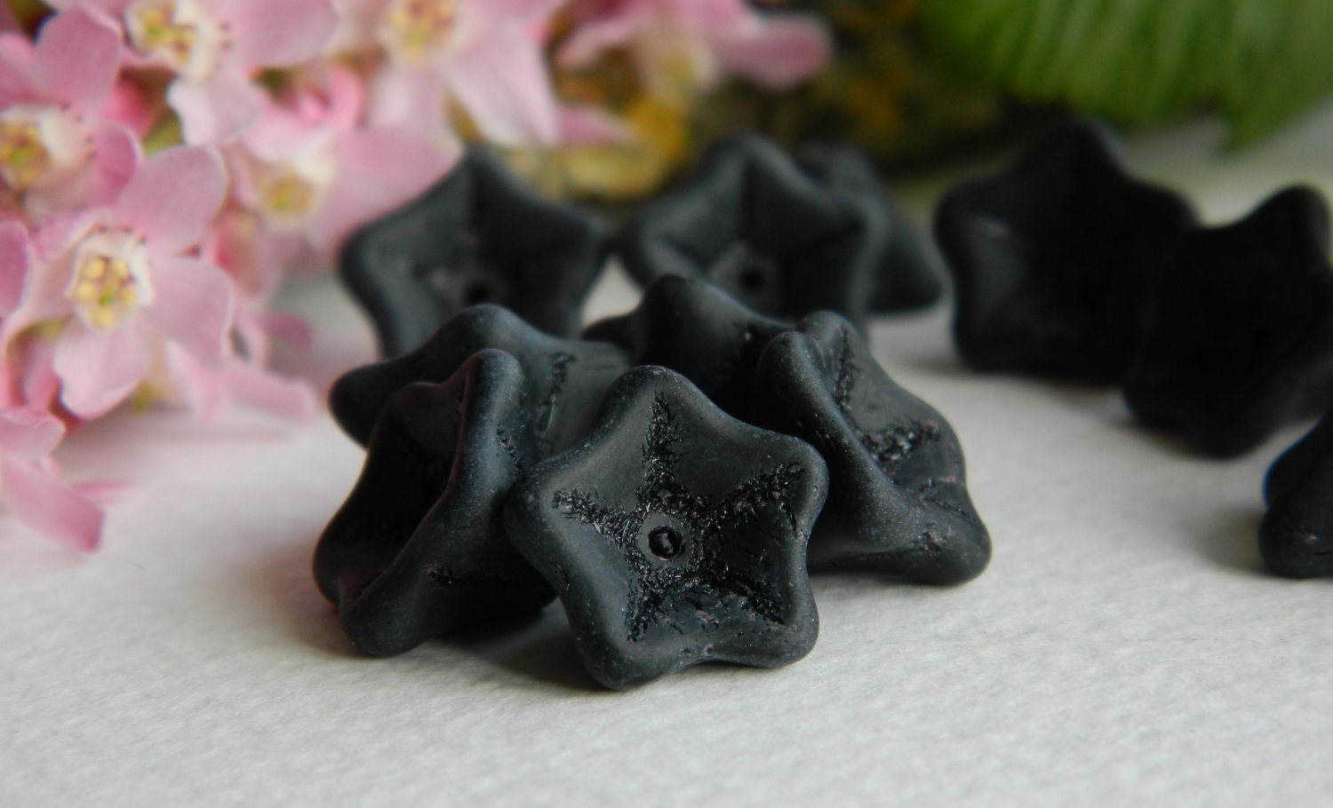FLOWER Czech Beads 5-Petal Trumpet Flower Large 8X13mm Matte Jet Black (16pcs)