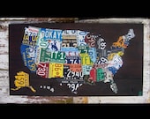 Original United States Map - Adventure Road Trip Hiking Awesome Recycled License Plate Art - Salvaged Wood - Upcycled Artwork