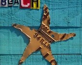 Ahh...the Beach is Calling - Starfish Shell - Recycled Vintage License Plate Art - Salvaged Wood - Upcycled Artwork