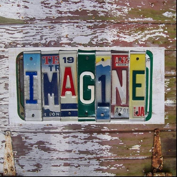 Funky Imagine Word Block - Custom Words Available - Recycled Vintage License Plate Sign Art - Salvaged Wood - Upcycled Artwork