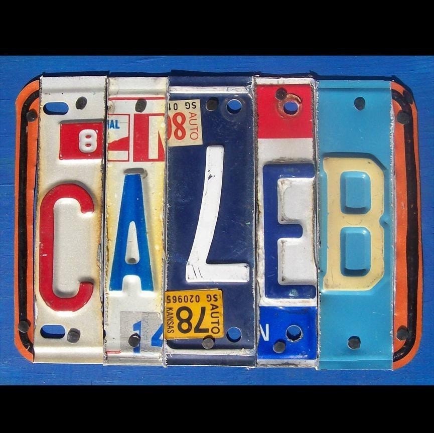 Funky Name Word Block Personalized with your Child's Name - Recycled Art Company - Vintage License Plate Sign Art