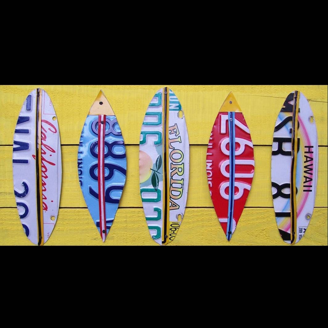 Terrific Triple Surf - Recycled License Plate Art - Salvaged Wood - Upcycled Artwork