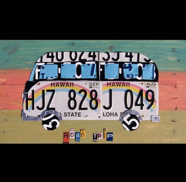Superfantabulous Road Trip 2 - Vacation ROADTRIP Hawaii Island Dreams- Recycled Vintage License Plate Art - Salvaged Wood - Upcycled Artwork