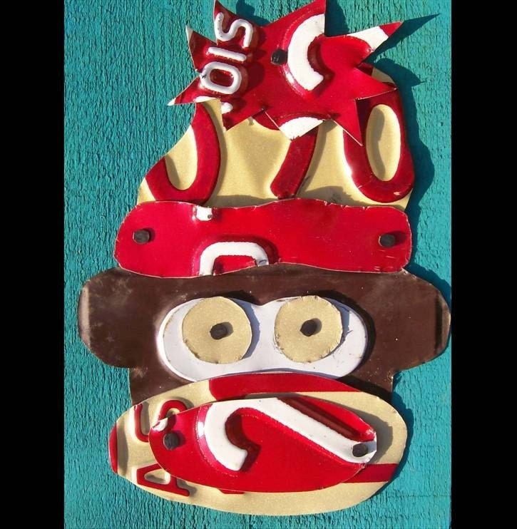 Funky Sock Monkey Playing Guitar - Recycled License Plate Art - Salvaged Wood - Upcycled Artwork