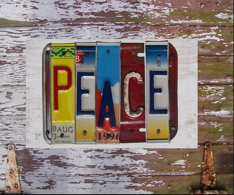 Funky Peace Word Block - Custom Words Available - Recycled Vintage License Plate Sign Art - Salvaged Wood - Upcycled Artwork