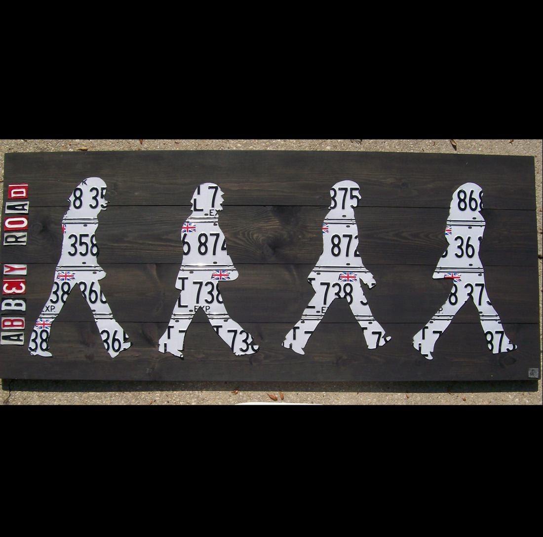 Original Abbey Road Beatles Piece - Recycled Vintage License Plate Art - Salvaged Wood - Upcycled Artwork