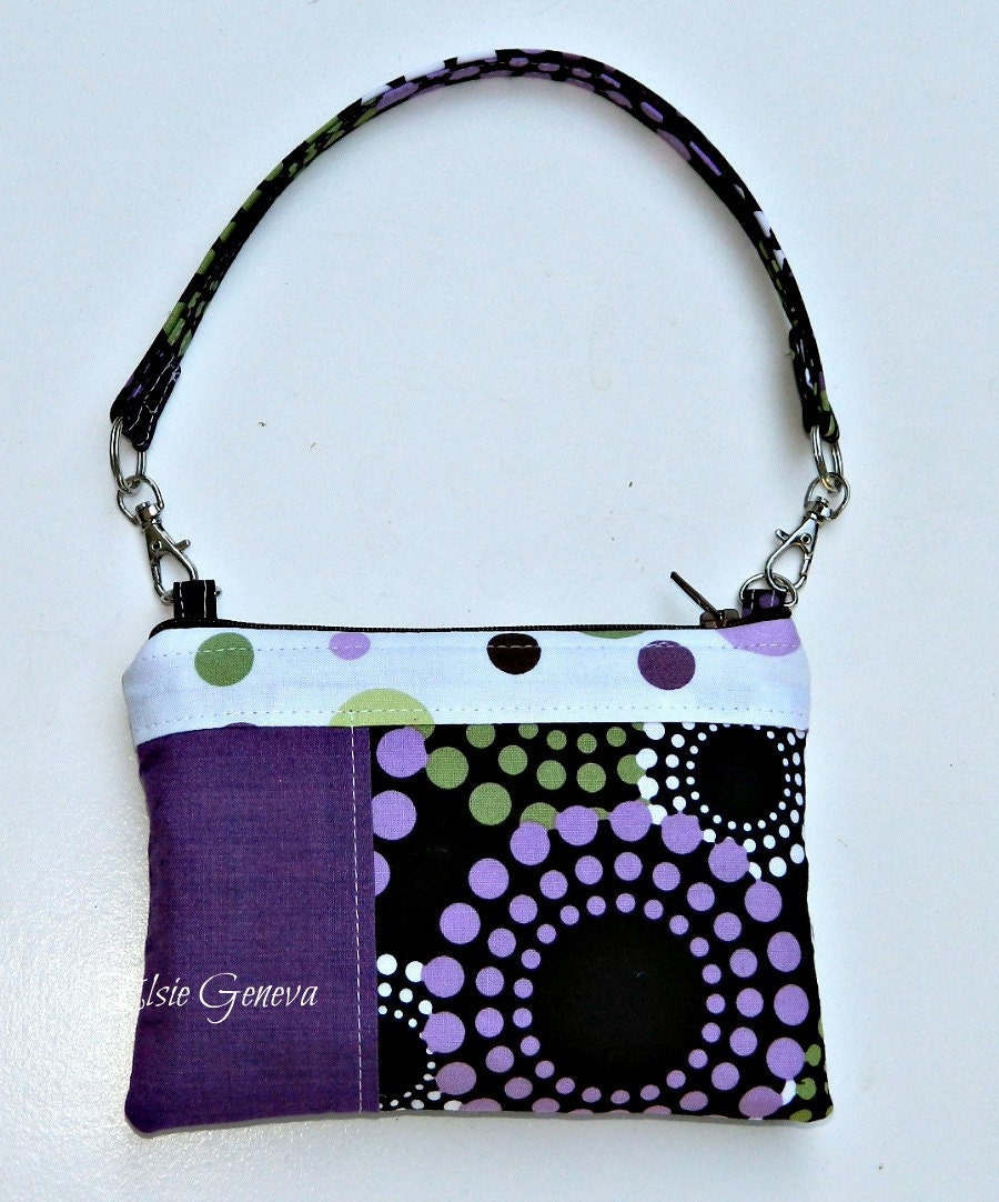 Brown, Purple and Green with Dots Phone  Case - Camera - Pouch - Clutch - Bag with Removable / Detachable Wristlet