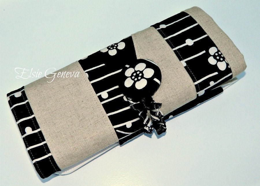 Black and Natural Japanese Linen Cherry Blossom Fabric Combo Large DPN - Crochet - Interchangeable Knitting Needle Organizer - Case - Roll