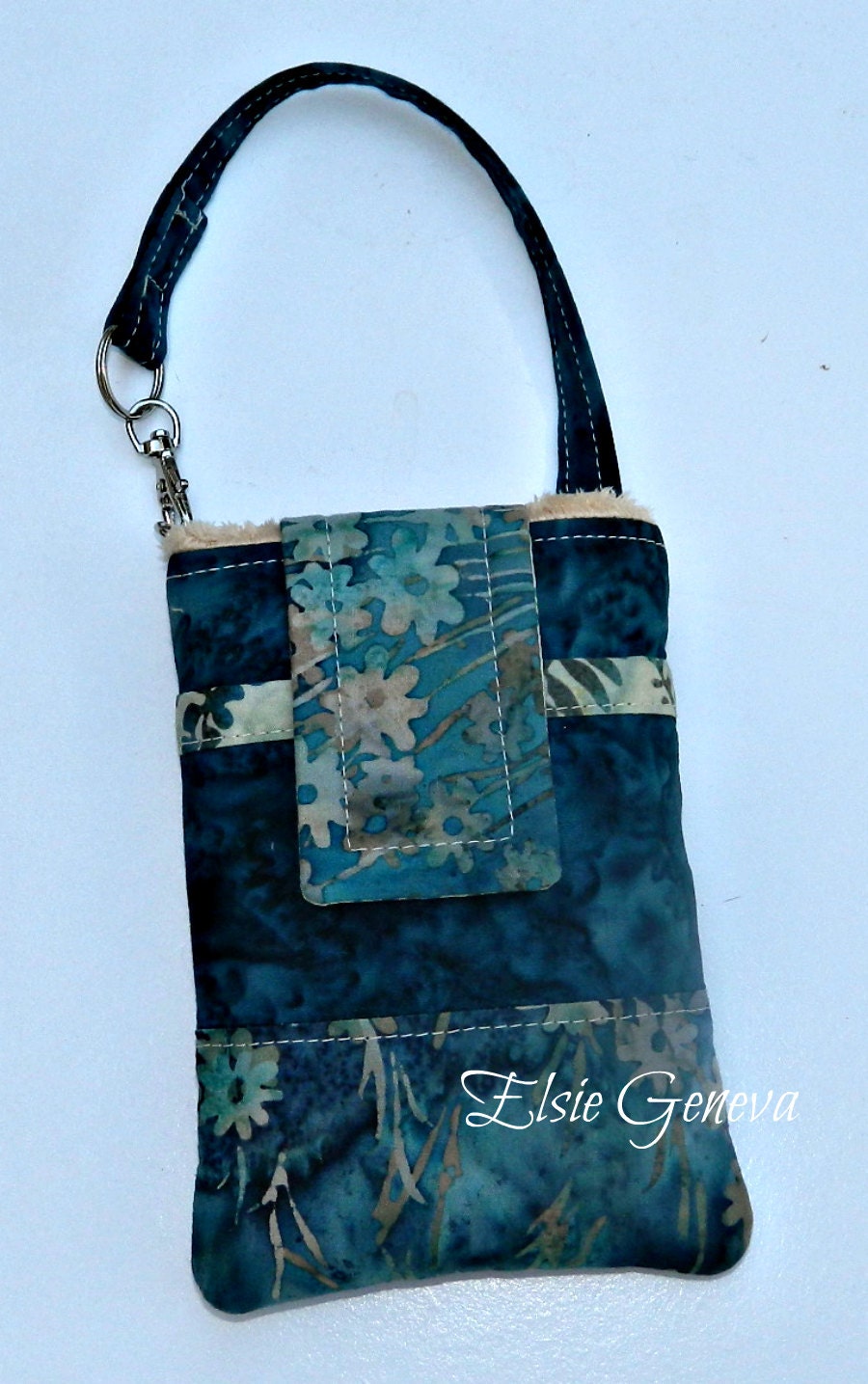 Batik Emerald Green / Teal and Tan Flowers and Leaves Batik Phone Case with Wristlet & Back Zipper Pocket