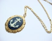 Anchor Cameo Necklace In Vintage Brass Setting - Nautical - Ships Ahoy - SALE