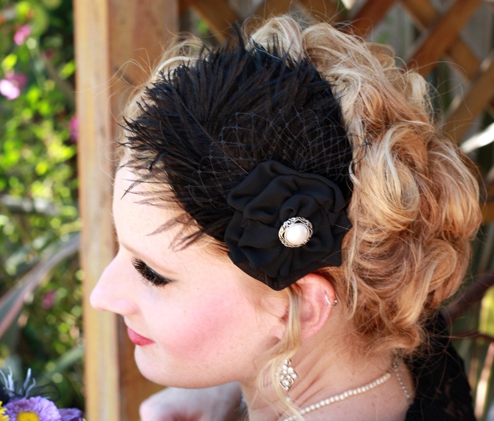Black Feathers with Chiffon Flower Fascinator (Headband)-Elaine
