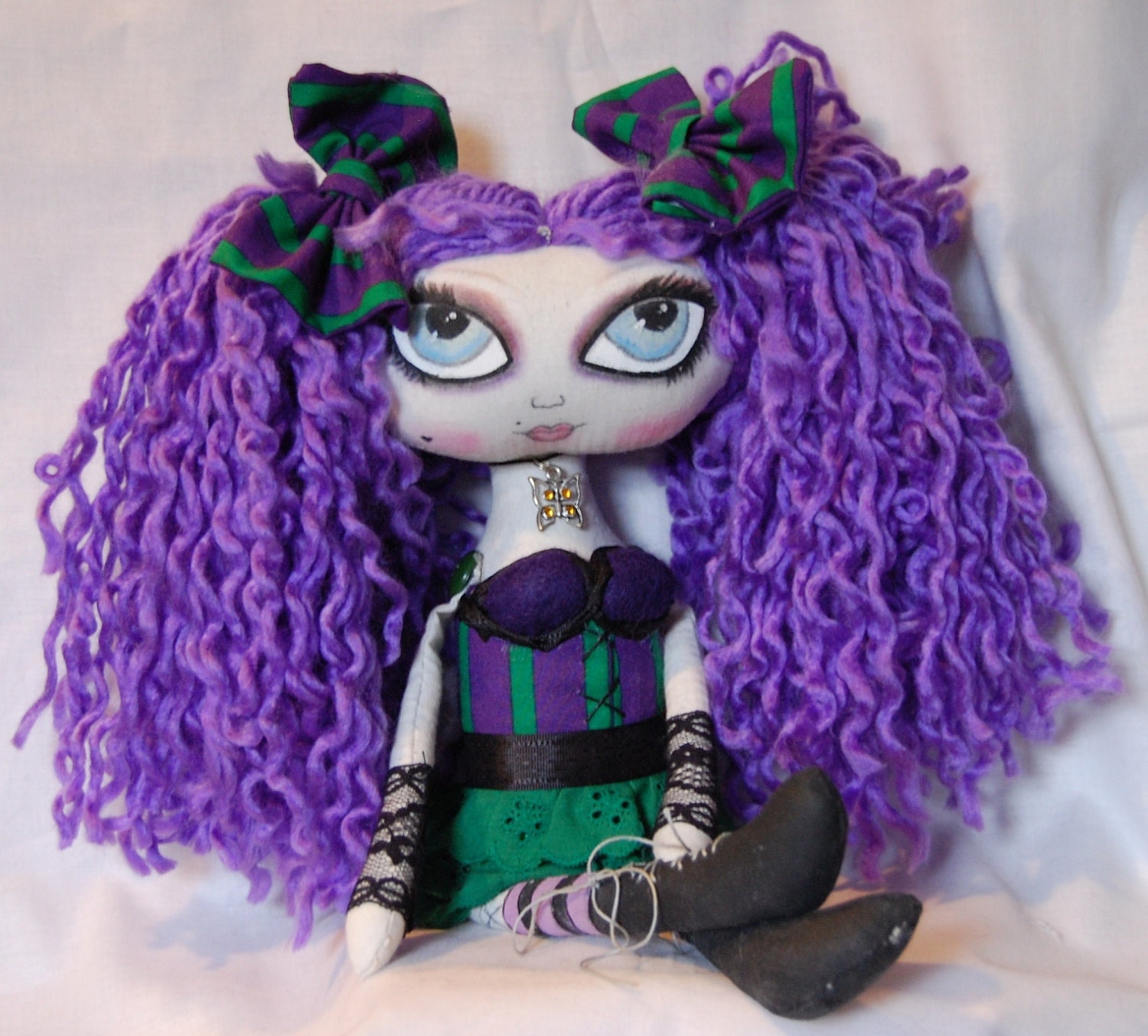 Malory, Sassy Goth Purple Green Cloth Art Rag Doll