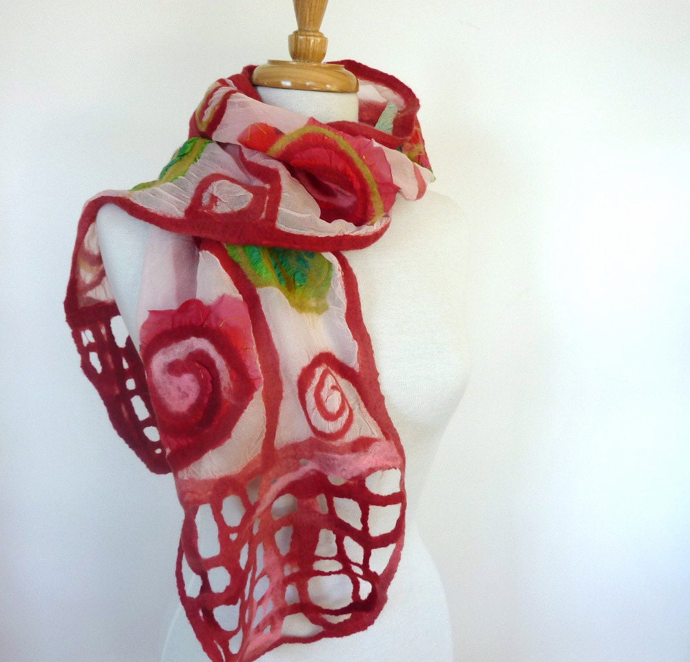 Silk Scarf with Red Roses. Floral Felted Silk Scarf. Shabby Chic Romantic Scarf. Red Roses