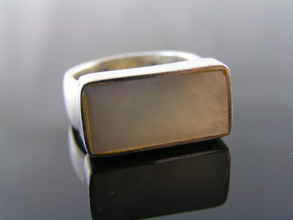 Modernistic MoP Rectangular Ring, Vintage Sterling Silver
