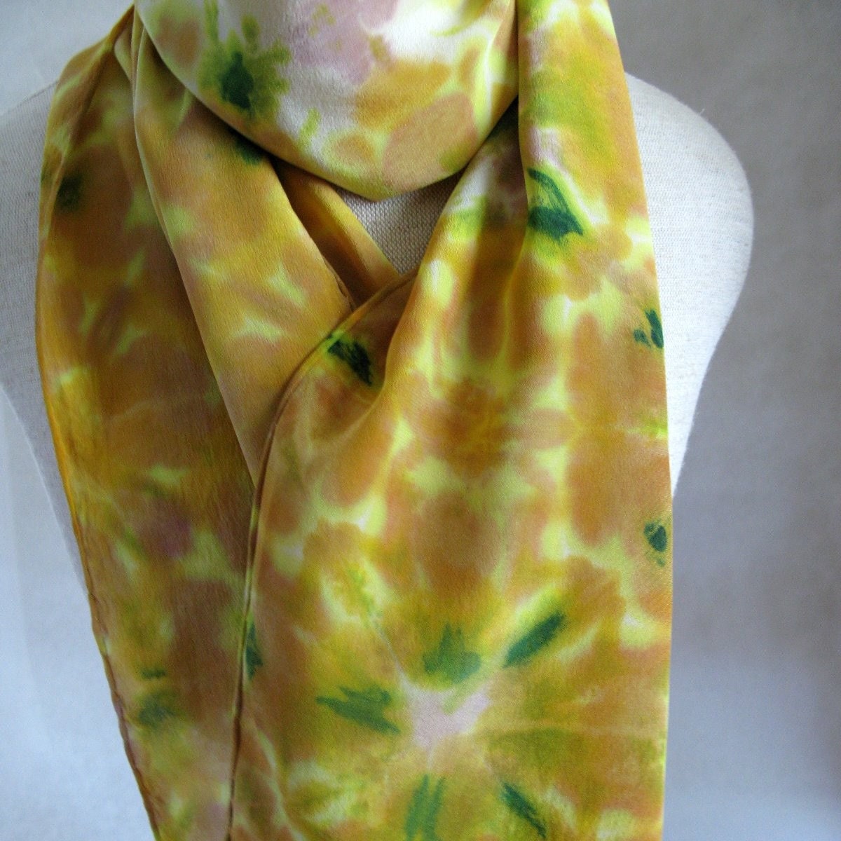 Shibori Crepe de Chine Silk Scarf (Yellow,Green, Gold,Mauve)