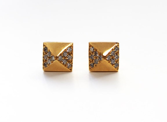Pyramid Stud Earrings with pave crystals (14K gold dipped)
