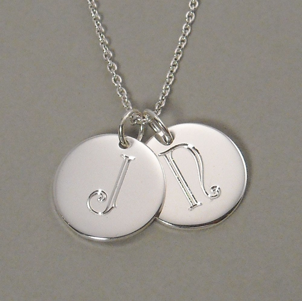 Personalized initial charm necklace pendant with engraved letter monograms on two (2) 1/2 inch round circle discs sterling silver - 2 UDLPB