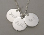 Personalized engraved name or word pendant necklace with three (3) sterling silver 1/2" inch round circle disc charms- MIX 3 SSLCS/UDLCEN