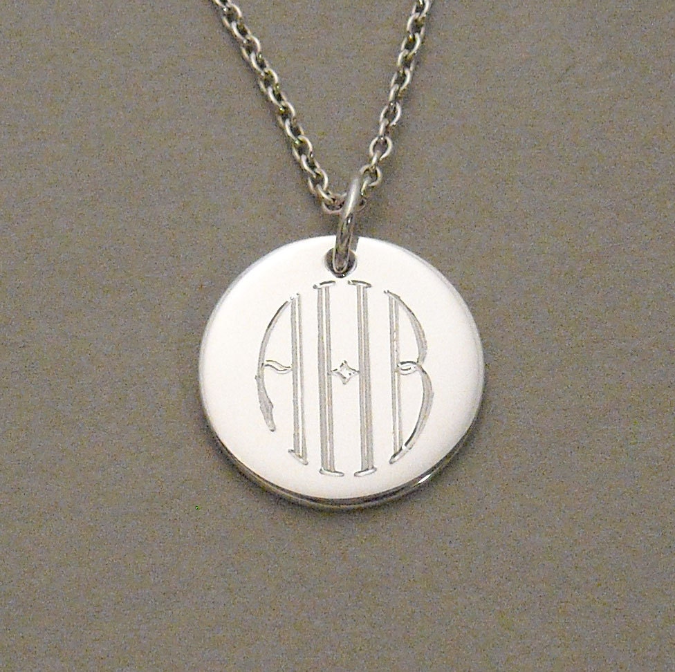 Engraved monogram necklace pendant sterling silver personalized 1/2 inch round circle disc UDLCIR