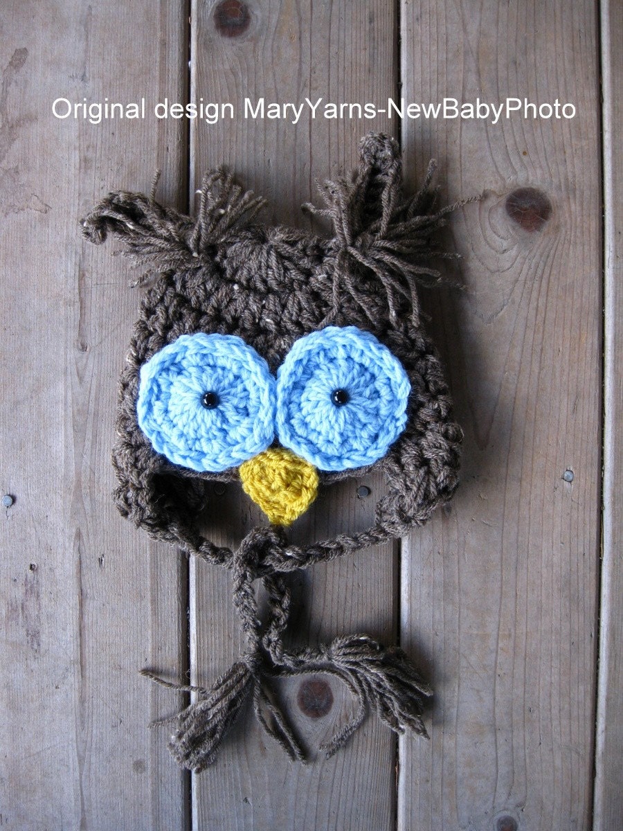 The Little OWL Hat Blue Eyes Newborn Baby Photo Prop in Brown - Photography Infant Hat
