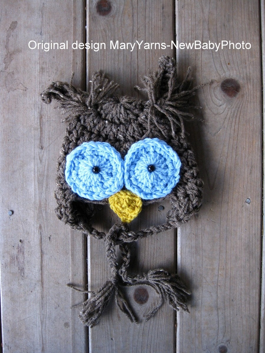 The Little OWL Hat Blue Eyes Newborn Baby Photo Prop in Brown - Photography Infant Hat