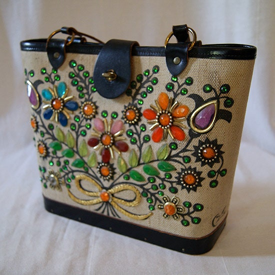 Lovely 1950's jeweled flower handbag with leather details novelty rhinestones vlv chic bohemian