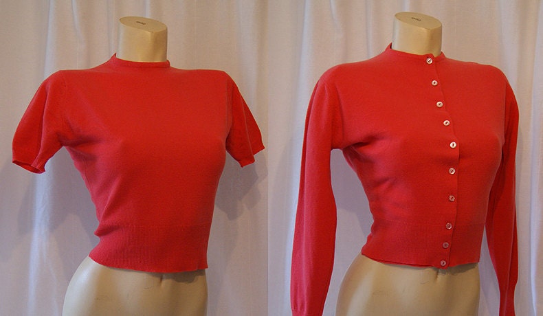 Sweet 1950's deep pink cashmere 2 piece sweater set cardigan vlv pin up girl vlv - size Medium to Large