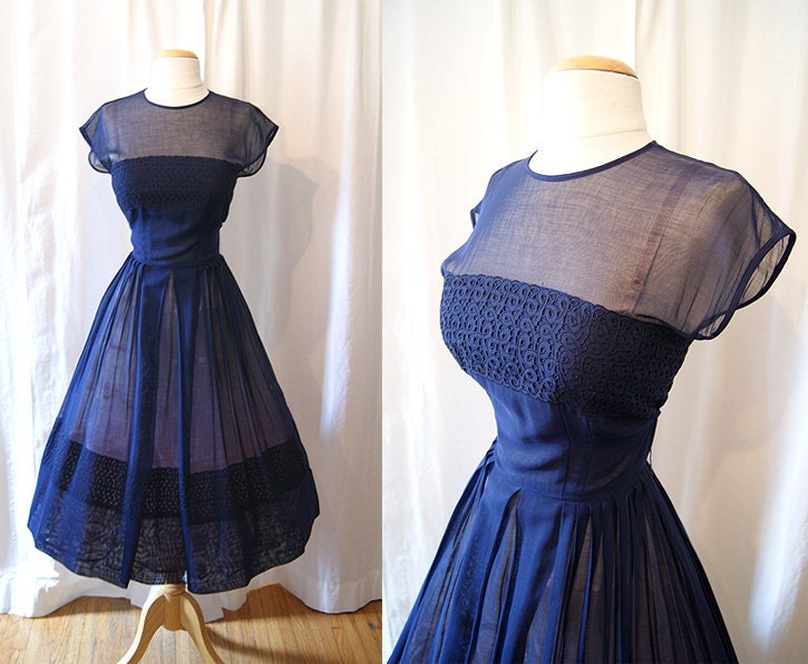 Gorgeous 1950's sheer midnight blue cotton voile and lace new look dress by R & K originals rockabilly classic pin up girl - size Medium