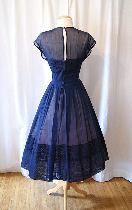 Gorgeous 1950's sheer midnight blue cotton voile and lace new look dress by R & K originals rockabilly classic pin up girl - size Medium