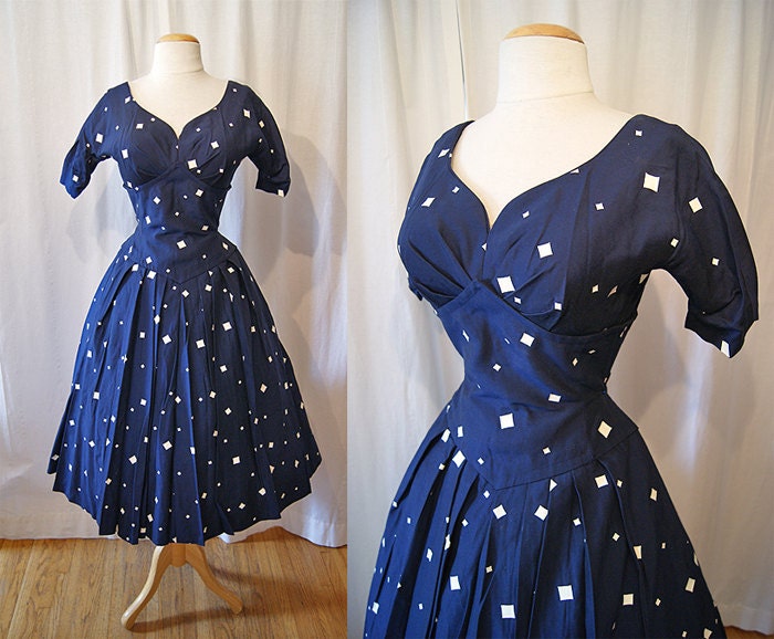 Lovely 1950's dead stock new look dress shelf bust deep blue with white diamond pattern party dress rockabilly sweetheart - size Medium
