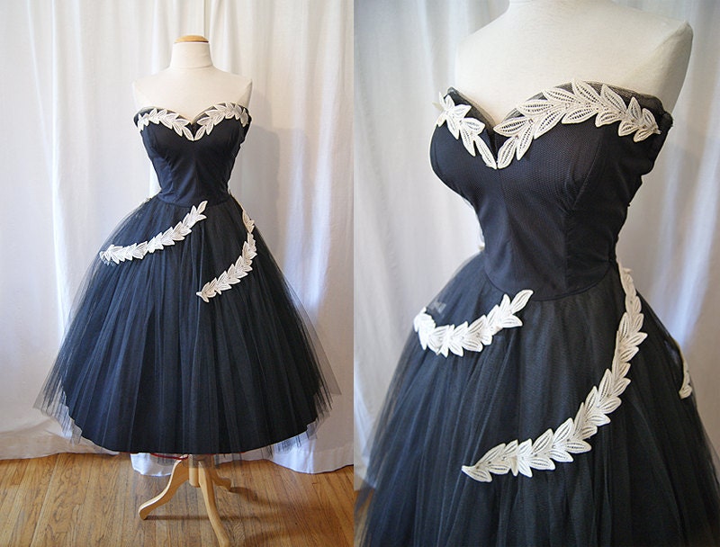 On Hold Stunning 1950's black strapless sweetheart formal prom party dress w/ rhinestone appliques vlv show stopper - size Medium to Large