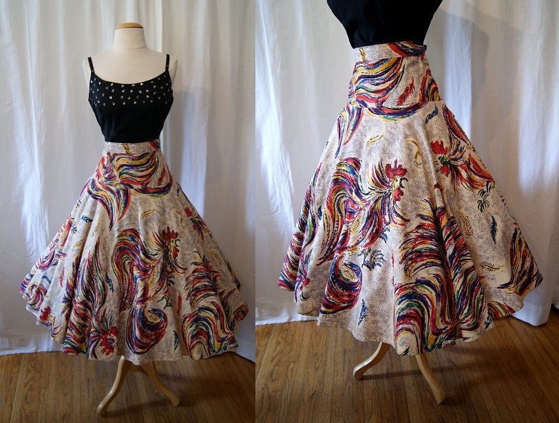 Festive 1950's hand painted Mexican circle skirt with roosters, feathers and sequins vlv show stopper - size Large