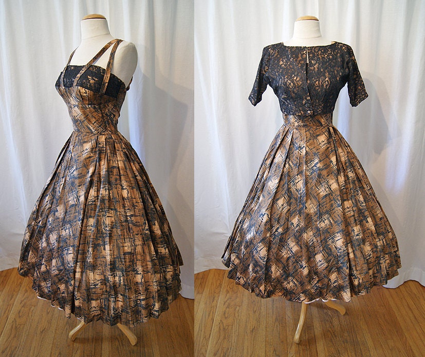 Reserved Gorgeous 1950' atomic print cotton new look party dress w/ matching bolero shelf bust strapless vlv - size Extra Small / Small