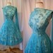 Lovely 1950's turquoise blue floral chiffon new look party dress with shawl back and matching belt vlv rockabilly chic - size Large