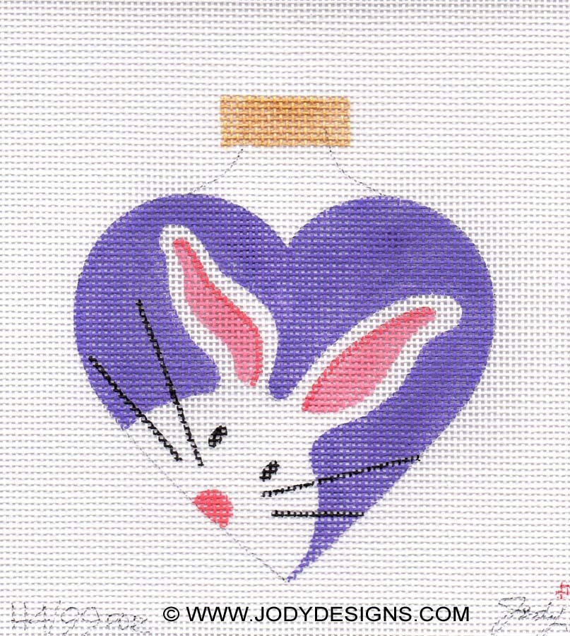 The White Bunny Heart Needlepoint Ornament - Jody Designs - WB2 Purple