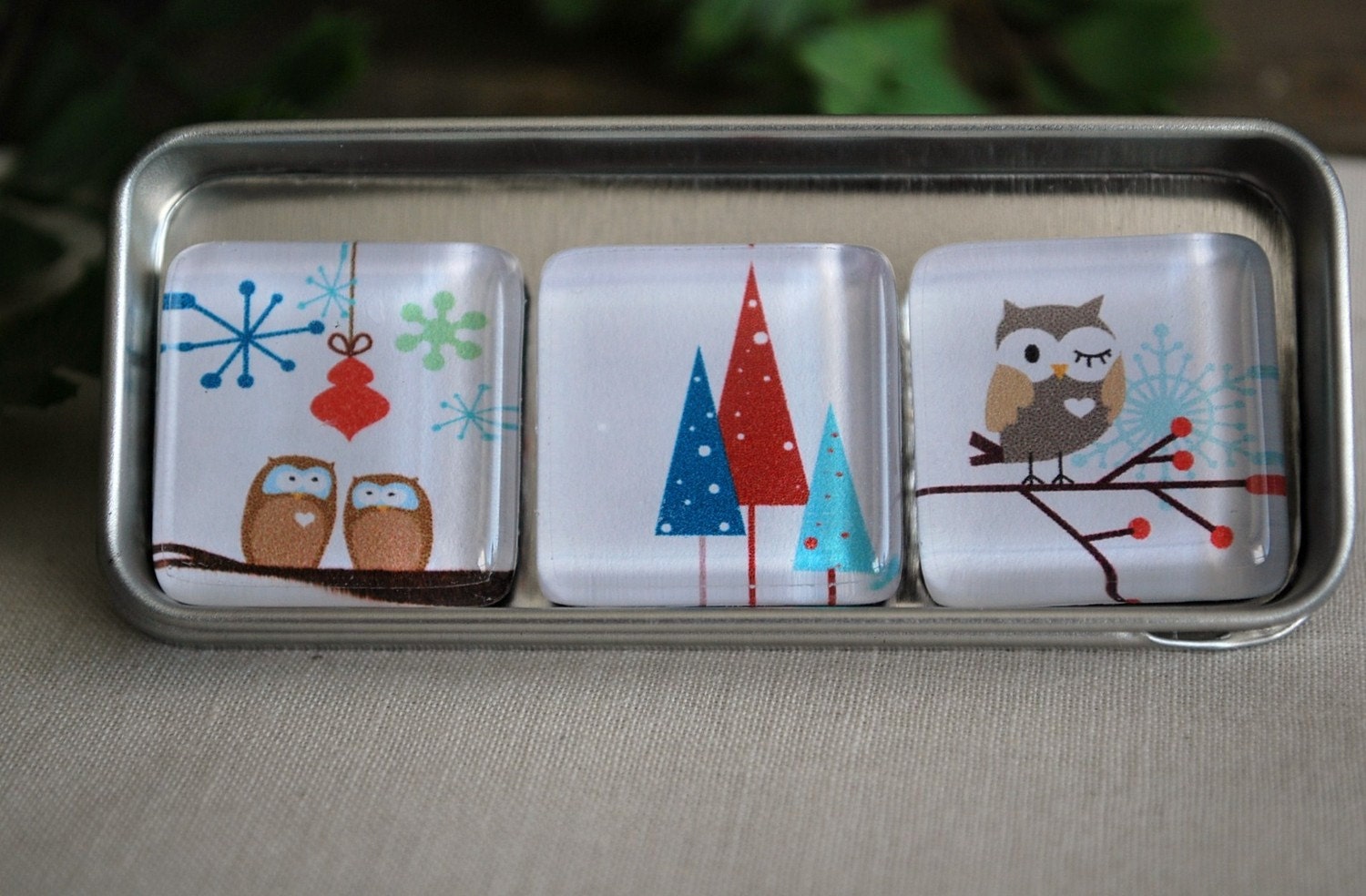 Glass Magnet Trio - Owls and Trees - LivyLouDesigns