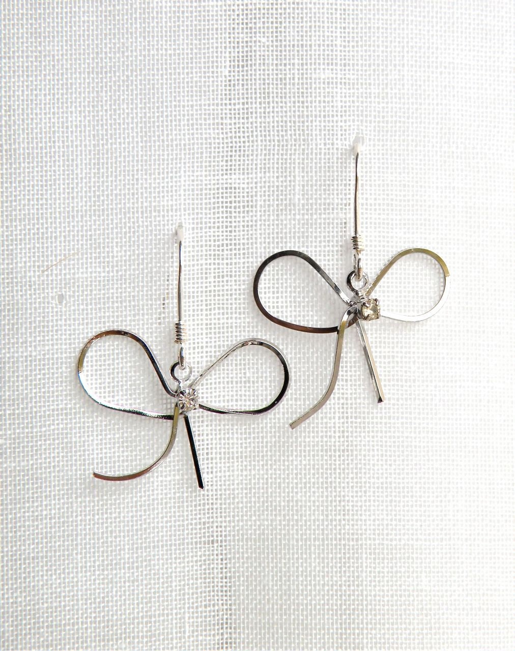 Free Shipping- Simple Silver Bow with CZ Rhinestone Earrings (Sterling Silver)