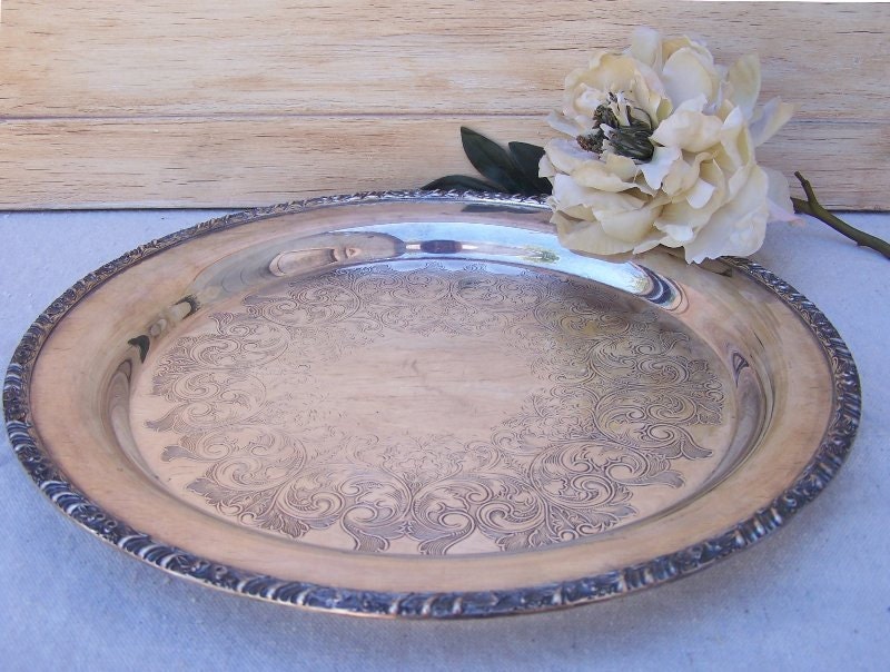 Shabby Chic Silverplate Platter by Henley Oneida - Vintage Wedding or Bridal Shower serving piece, Cake plate