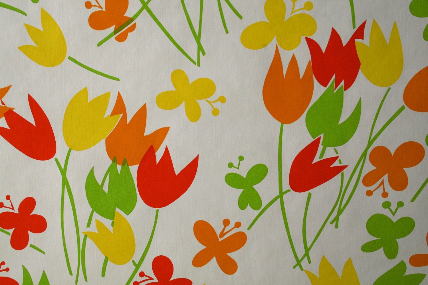 Vintage Wallpaper Bright Retro Mod modern vinyl wall paper Yellow Orange Red Lime Green Tulips and Butterflies home decor or craft supplies